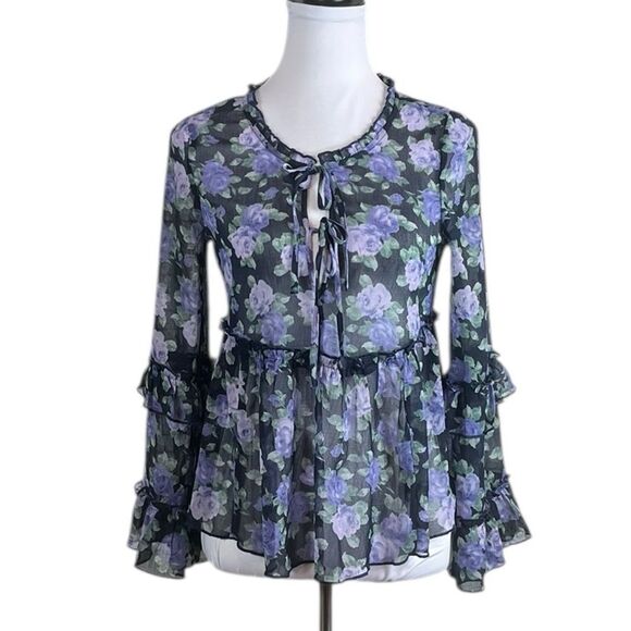 American Eagle Outfitters Purple Floral Long Sleeve Semi-Sheer Top, Size XS - Picture 1 of 9